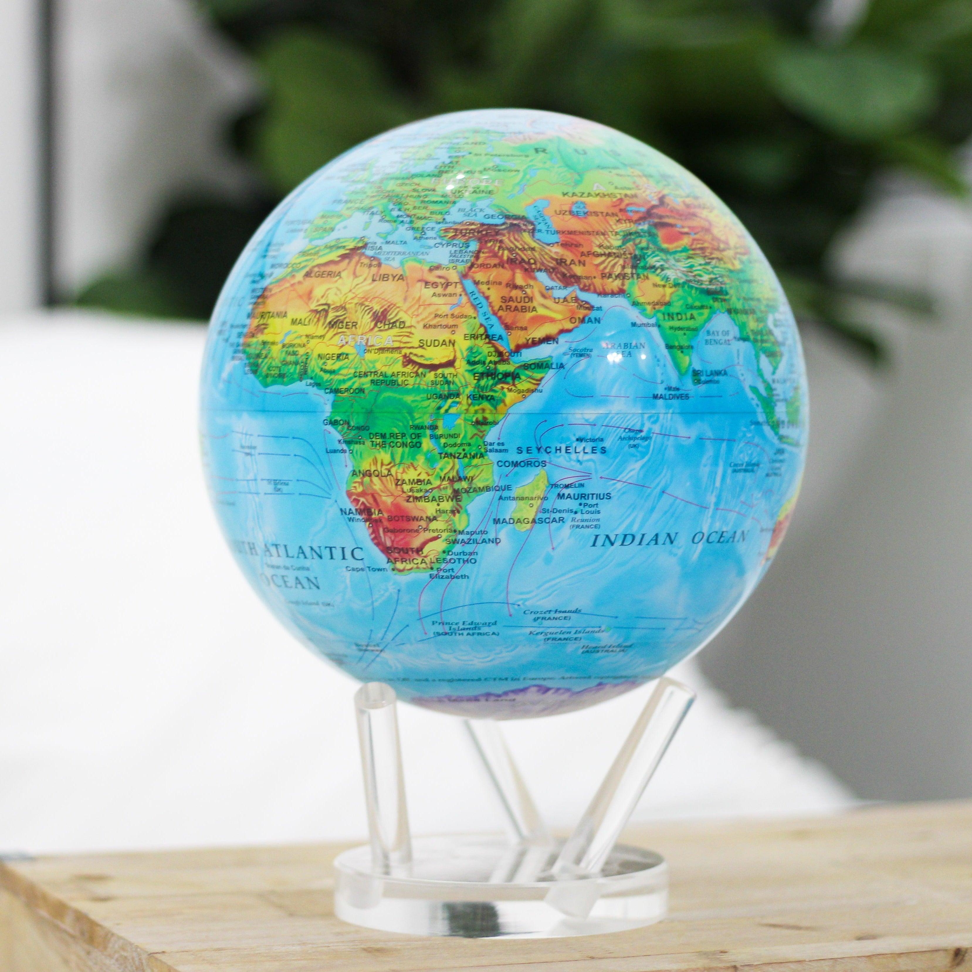MOVA Globe featuring colorful terrain details on a clear acrylic base