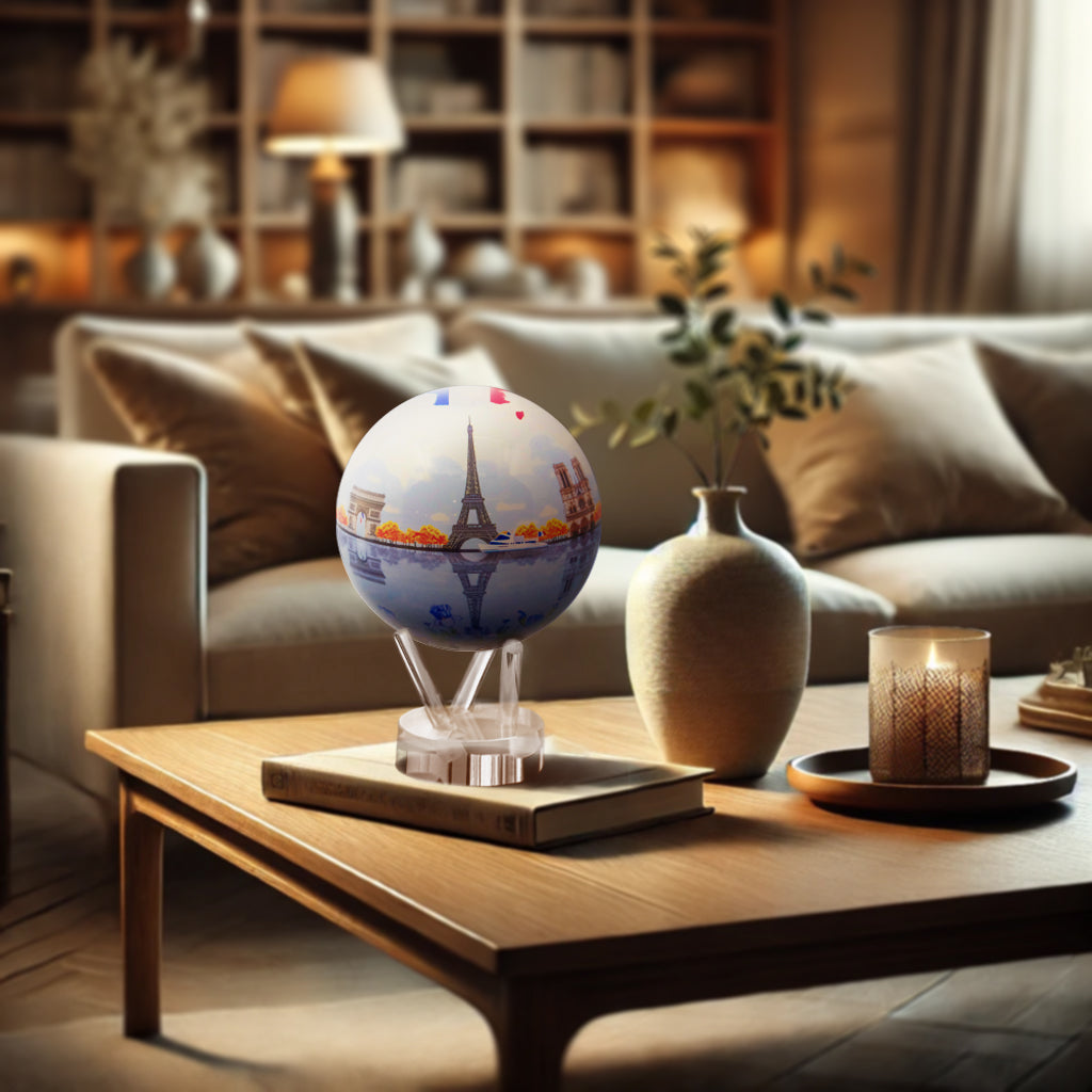 CITY SERIES PARIS GLOBE MOVA styled in a cozy living room, Eiffel Tower globe adds elegant home décor.