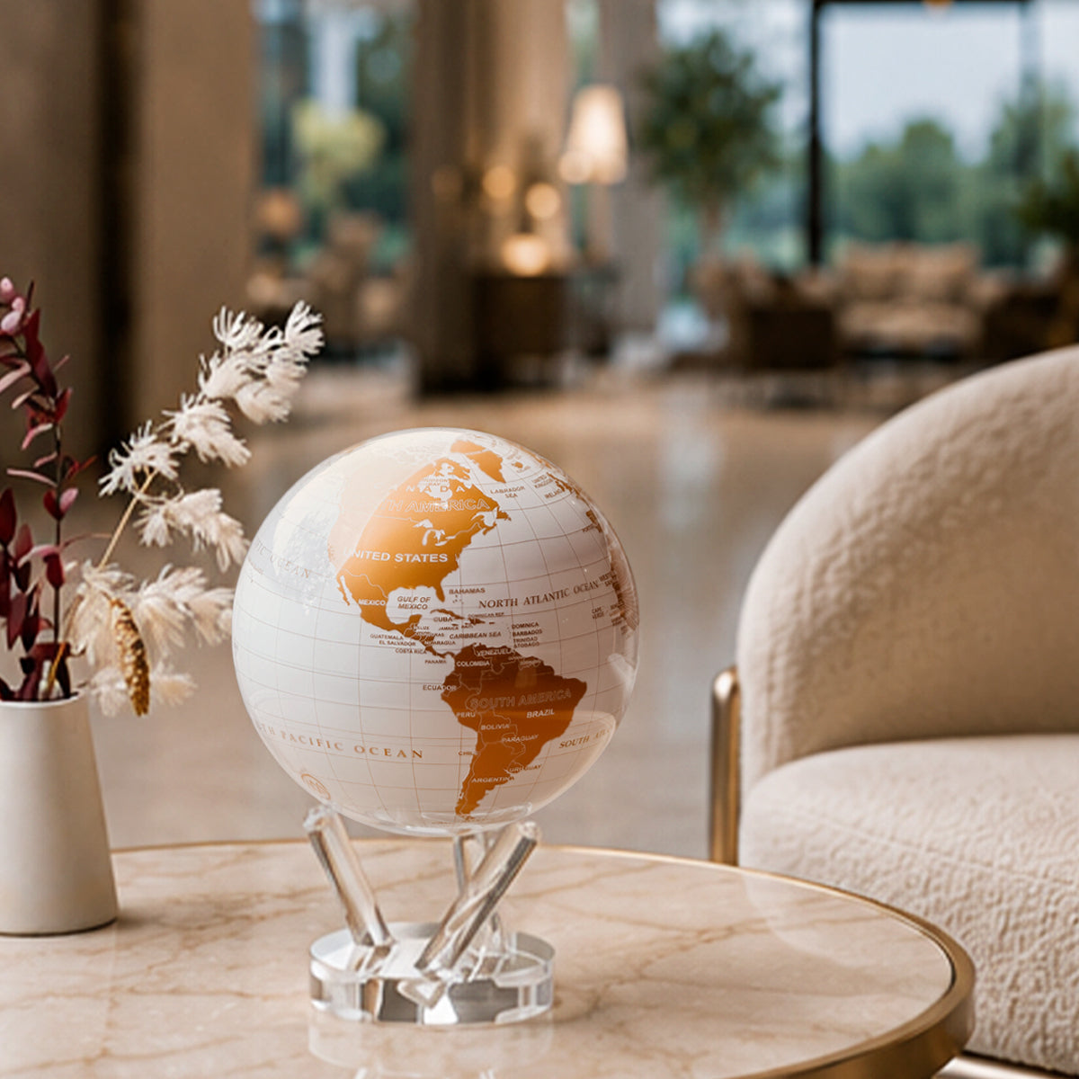 MOVA Globes | Pearl White & Gold Map | Solar Rotating Globe Decor