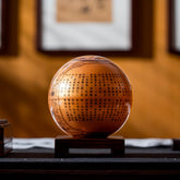 Luxurious HEART SUTRA GOLD GLOBE with Buddhist scripture design, displayed on wood base, cultural collectible and mindful décor.