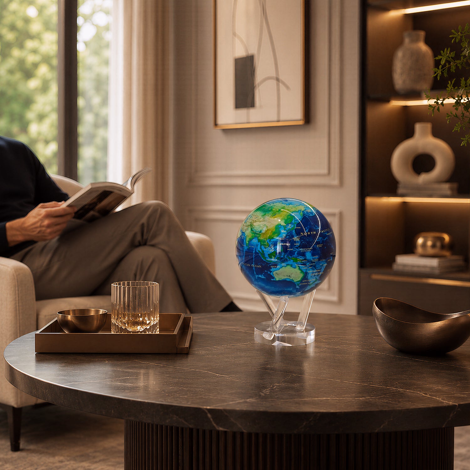 Earth Turquoise Gem globe on a marble side table