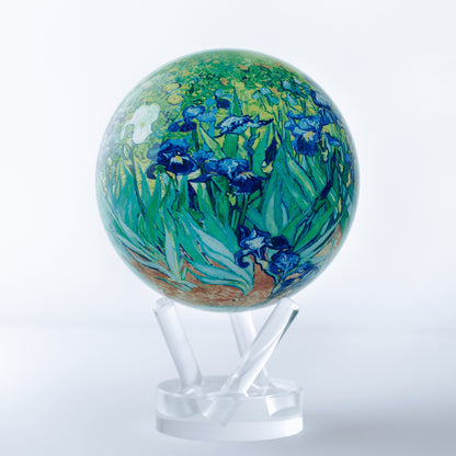 Van Gogh Irises MOVA Globe with base, elegant modern art décor sphere with vibrant blue and yellow flowers, perfect gift for art lovers.
