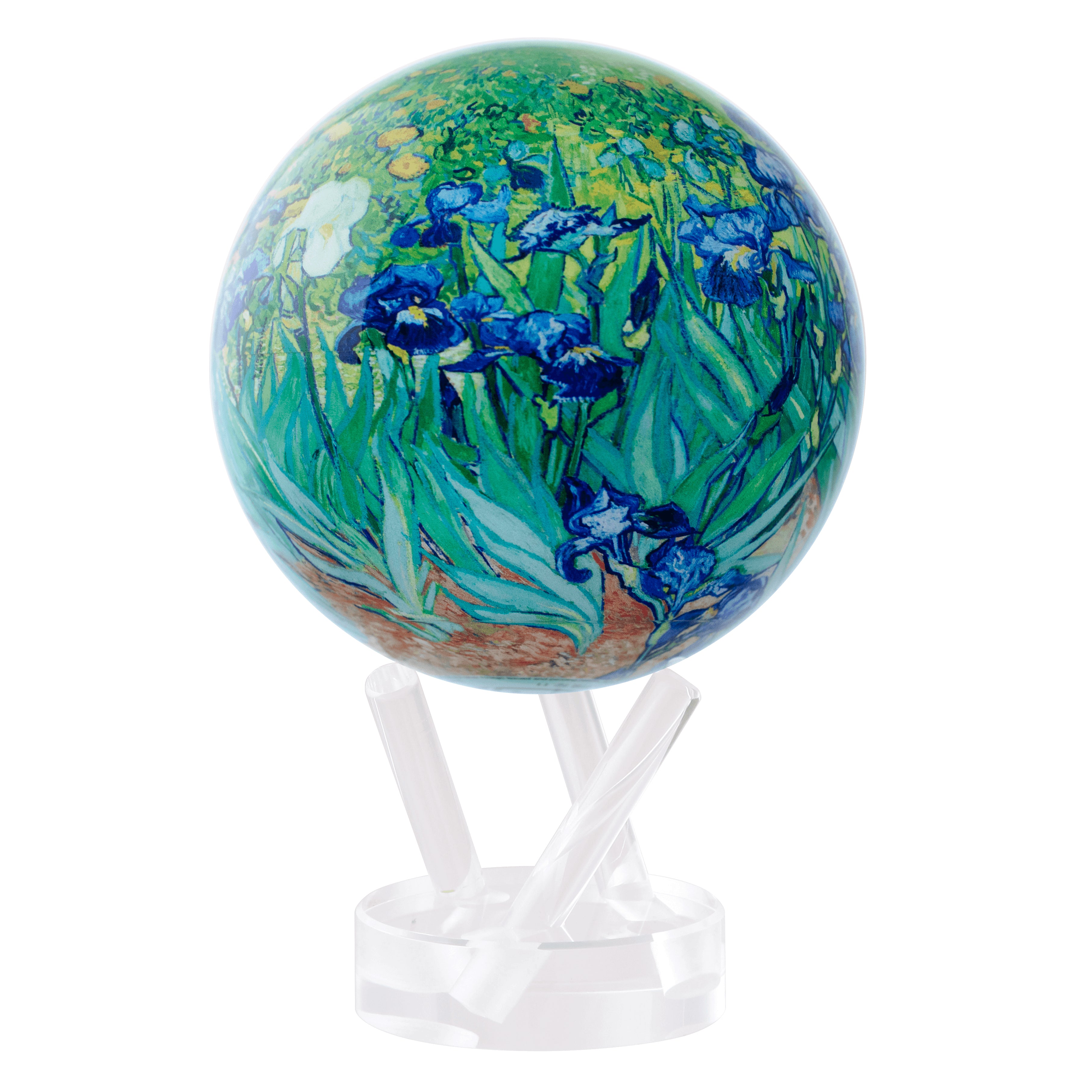 Close-up of Van Gogh Irises MOVA Globe with vivid floral artwork, luxurious collectible globe that adds depth and elegance to any space.