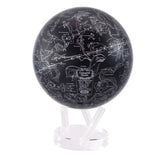 Close-up of CONSTELLATIONS MOVA Globe with silver star constellations, accurate NASA imagery of the night sky on black backdrop.