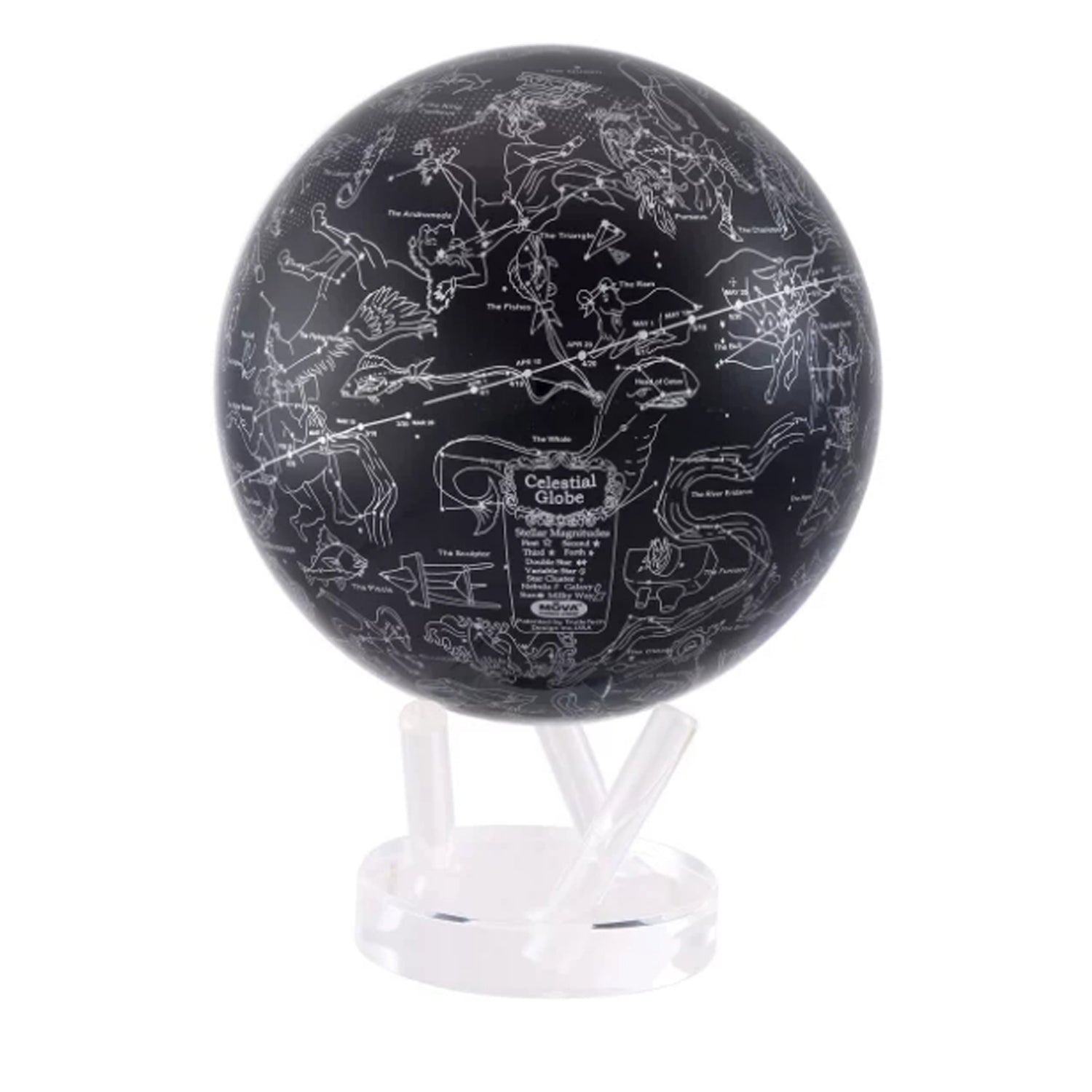 Close-up of CONSTELLATIONS MOVA Globe with silver star constellations, accurate NASA imagery of the night sky on black backdrop.