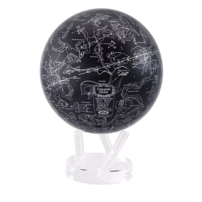 Close-up of CONSTELLATIONS MOVA Globe with silver star constellations, accurate NASA imagery of the night sky on black backdrop.